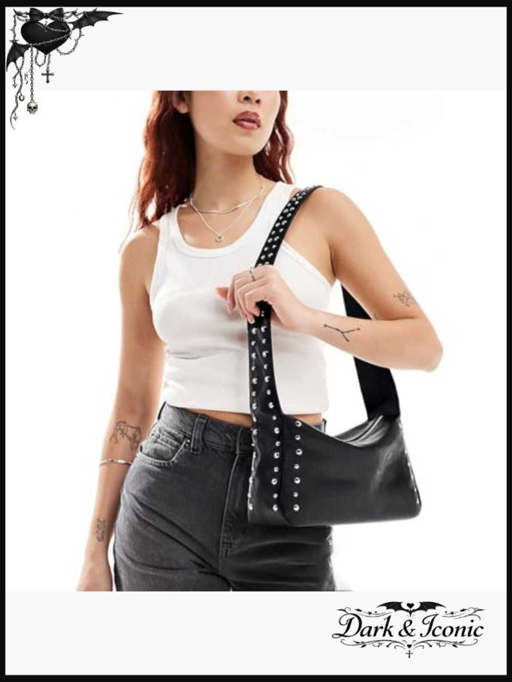 Vegan Studded Shoulder Bag with Adjustable Strap, Y2K Style Small Purse - Picture 3 of 7